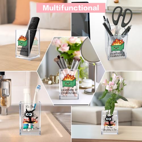 Funny Black Cat 2 Pack Acrylic Cosmetic Pencil Pen Holder Cup, Emotional Dumpster Fire Pencil Pen Holder Cup, Cat Lover Gift for Women, Office Sarcastic Gifts for Women Men Colleague - style: Everything Fine 2