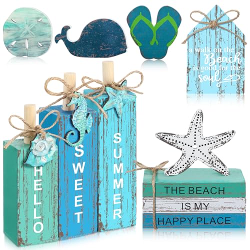 Vercraft 11 Pcs Summer Beach Table Decorations Ocean Tiered Tray Decor Summer Centerpiece Decorative Wood Books Table Top Decor Starfish Wooden Sign for Home Party Supplies (Ocean) - style: Ocean