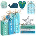 Vercraft 11 Pcs Summer Beach Table Decorations Ocean Tiered Tray Decor Summer Centerpiece Decorative Wood Books Table Top Decor Starfish Wooden Sign for Home Party Supplies (Ocean) - style: Ocean