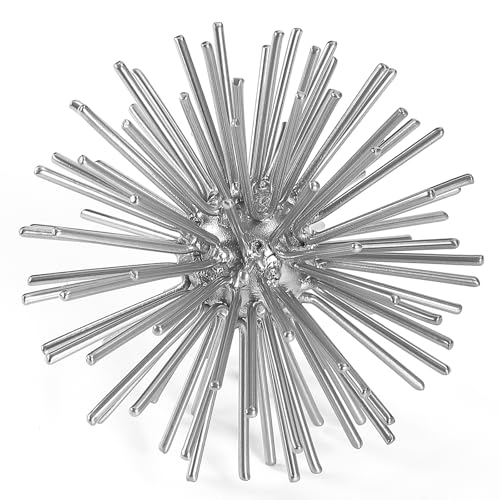 Silver Sphere Decor, Metal Starburst Tabletop Sculpture Decor, Mid-Century Modern Metal Starburst Centerpiece, Spike Ball Decoration for Home, Coffee Table Decor - color: Silver-starburst-4.2"