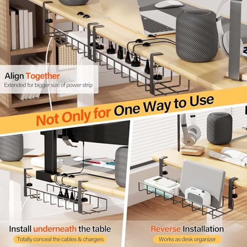 3 Pack Cable Management Under Desk Tray, 47.1" No Drill Under Desk Wire Management with Upgraded Clamp, Metal Cord Organizers with Cable Organizers, PC Cord Organization Rack, Black - color: Black, size: 3 Pack (Standard)