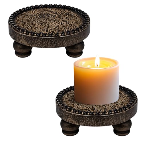 Farmhouse Round Wood Tray Riser, Pedestal Stand with Beaded Edge, Rustic Wooden Candle Trays Decor for Tiered Tray, Candle, Mug Display Decorative, Table Centerpiece, Black Gold - color: Black Gold, size: Set of 2