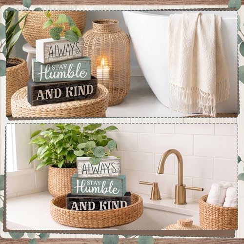 Lineshading 4 Pcs Inspirational Farmhouse Table Decor Always Stay Humble and Kind Stacked Wooden Block Signs with Inspirational Quote Eucalyptus Leaves for Home, Living Room, Shelf Housewarming Gift - style: Always Stay Humble and Kind