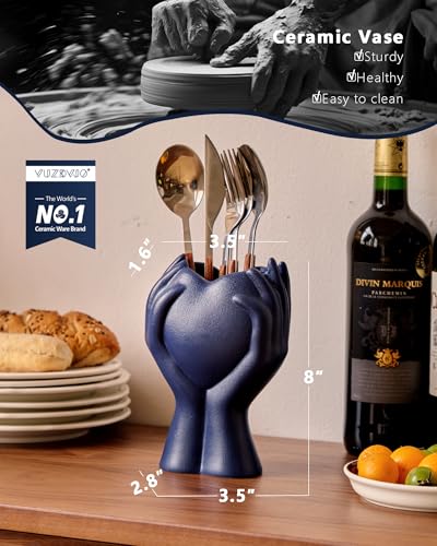 8" Heart Hand Navy Blue Ceramic Vase - Unique Modern Aesthetic Flowers Vase for Living Room Bedroom Office Kitchen Table Centerpiece or Shelf Decor-Gifts for Wedding Bridal Shower Women Mom (Blue) - color: Blue