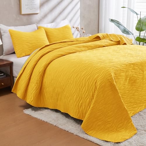 JYHOPE Mustard Yellow Twin Quilt Set 68x90 Lightweight Microfabric Bedspread, 3-Piece Quilt Bedding with Pillow Shams, Summer Cooling Quilts, Ribbon Wrapped Gift - color: Wood Pattern-yellow, size: Twin(68x90)