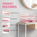DALTACK 3 Tier Paper Organizer with Handle, Mesh Metal Desk Organizer with Sliding Paper Trays for Letter/A4 Paper, Mail, Bills & Folders, Pink - color: Pink