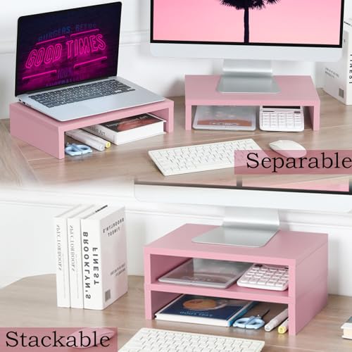 TEAMIX Pink Monitor Stand Riser-2 Pack,Wood 2 Tier Adjustable Monitor Stand Dual Monitor Riser for 2 Monitors/Laptop/PC Computer Stand for Desk - color: Pink