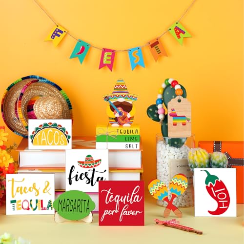 Tatuo 16 Pcs Cinco De Mayo Tiered Tray Decor Set, Mexican Wooden Fiesta Signs - Taco, Sombrero, Rainbow Donkey, Farmhouse Style Table Decor for Home Kitchen Summer Party Holiday Shelf