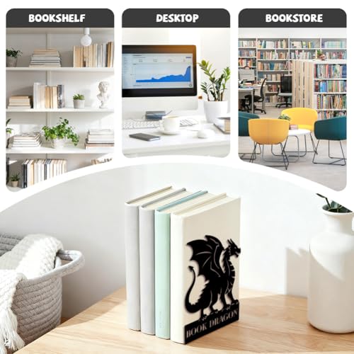 Peacoblue Metal Bookends for Shelves, Modern Decorative Heavy Duty Study Book Ends Stoppers for Office, Desk, Shelf, Room 5.3"x4.3"x6.9" Cast Iron Simple Tall Bookends 1 Pair (Dragon) - style: Dragon