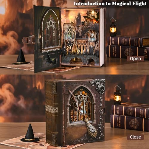 MiniCity Book Nook Kit with LED Light, Miniature House Kit for Birthday, 3D Wooden Bookends Puzzle, Bookshelf Decor for Adults, Teens, Beginners (Introduction to Magical Flight) - style: Introduction to Magical Flight
