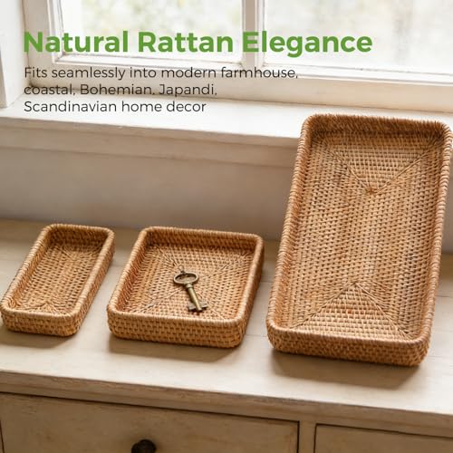 Rattan Serving Tray, Rectangle Basket Set of 3, Wicker Storage and Organizing Baskets, Natural Decorative Woven Tray for Home Decor, Bathroom, Kitchen Counter - style: Set of 3