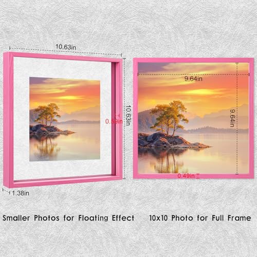MUYE 10x10 Floating Frame Set of 2,Double Real Glass Square Photo Frame,Display Any Size Photo up to 10x10,Wall Mount or Tabletop Standing,Pink - color: Pink, size: 10x10