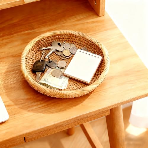 Handwoven Rattan Small Key Bowl - 7.6 Inch Round Catch All Tray for Keys,Coins, Wallet, Jewelry - Natural Wicker Organizer for Entryway, Desk, Nightstand