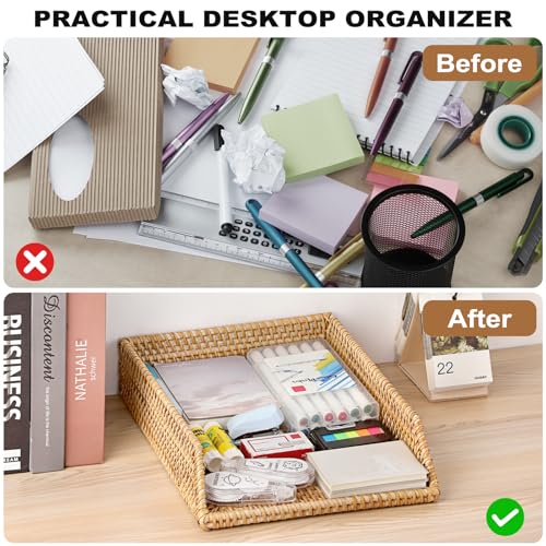 BTSKY Rattan Letter Tray for A4 File Desk Mail Letter Letter-Size Paper, Basket Woven Organizer, Office Document Organizer and Storage, Desk File Organizer Paper Tray, Paper Holder 13x10.3x2.8 Inch