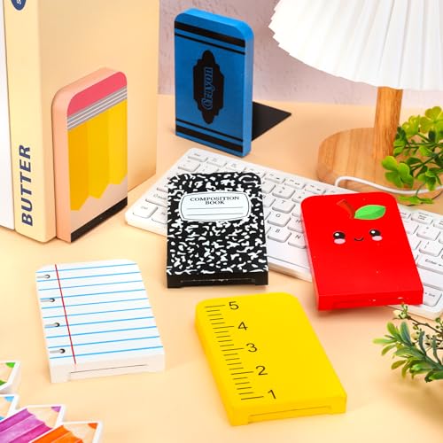 AnyDesign 6Pcs Back to School Wood Bookends Non Skid Book Stoppers Composition Notebook Pencil Crayon Apples Wooden Book Stands for Heavy Books Home Office School Library