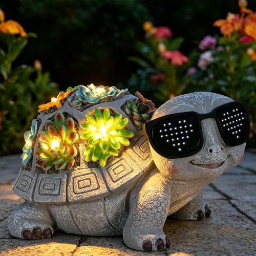 Unique Solar Garden Turtle Statue with I Love You LED Sunglasses and Succulent LED Lights, Lawn Decor Tortoise Figurine for Patio, Balcony Yard Ornament for Mom, Women & Grandma - style: Turtle