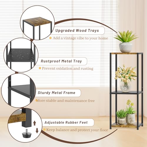 KMOTASUO 3 Tier Tall Plant Stands Indoor, 31 Inch Metal Wood Corner Plant Stand for Indoor Plants, Square Flower Pot Holder Shelf Display Rack for Balcony Garden Patio Living Room(Rustic Brown) - color: Vintage Brown, size: 3 Tier