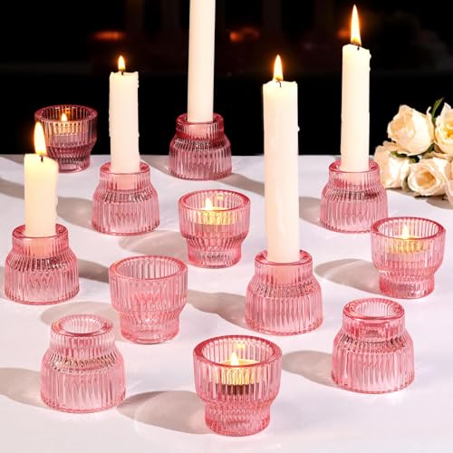 HAVITI 12 Pack PinkTaper Candle Holders, Glass Candlestick Holders, Tea Light Candle Holder for Fall Wedding Centerpieces Table Decorations, Votive Candle Holders for Table Decor - color: Pink