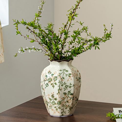 Ceramic Flower Vase | Green Rustic Farmhouse Vase for Home Decor, Vintage Floral Pottery Tuscan Octagonal Vase for Living Room & Kitchen, Mantel & Bookshelf, Centerpieces, Entryway, Wedding(6.7 Inch) - color: 03-green and Beige