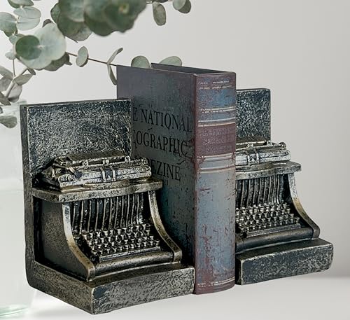Bellaa 25747 Decorative Bookend Typewriter Royal Retro Book Ends Stopper Industrial Rustic Vintage Style Classic Type Writer Statues Bookshelves Home Decor 7 inch