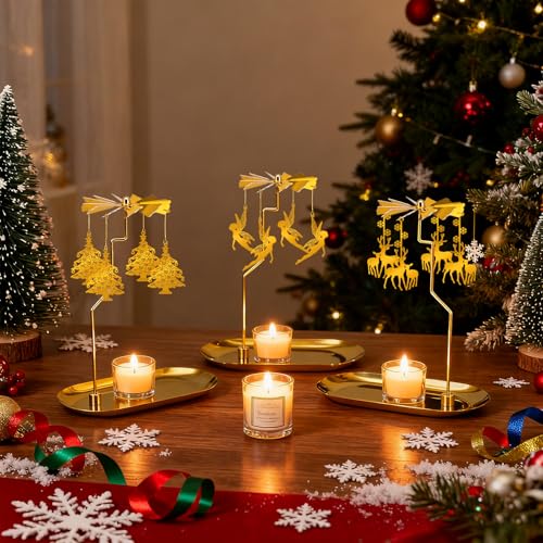 Carousel Candle Holder - Spinning Rotary Holder with Tray for Jar Candles Scented & Tea Lights, Unique Home Decor Gifts for Christmas Party, Valentine's Decor, Table Centerpiece(Christmas Tree) - color: Christmas Tree