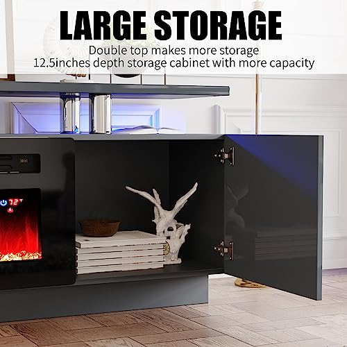 AMERLIFE Fireplace TV Stand with 36" Fireplace, 70" Modern Fireplace Entertainment Center LED Lights, 2 Tier TV Console Cabinet for TVs Up to 80", Grey - color: Grey, size: 70"