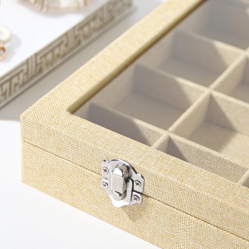 Coward Jewelry Organizer Box, Yellow Linen 24 Grids Ring Earring Jewelry Display Tray Case with Transparent Glass Lid for Home Drawer or Shop Selling - color: Yellow Linen, size: 24Grids Box