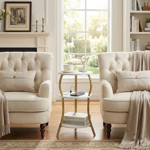 Small Round Side Table with Charging Station, 3-Tier Waist Circular End Table with Storage Shelf, Compact Tea Sofa Side Table Small Spaces, Round Corner Coffee Table for Living Room Bedroon,White+Gold - color: White+gold, style: USB Charger