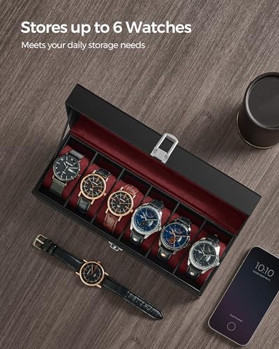 SONGMICS Watch Box, 6-Slot Watch Case Organizer with Large Glass Lid, Removable Pillows, Gift for Loved Ones, Black Synthetic Leather, Wine Red Lining UJWB006R01 - color: Black + Wine Red, size: 6 Slot