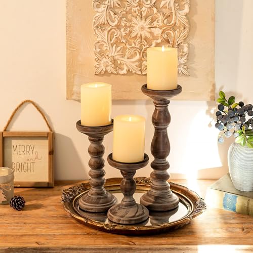 Wooden Pillar Candle Holder: Rustic Brown Candle Stand Wood Distressed Candleholders Farmhouse Fall Decor for Christmas Fireplace Mantle Dining Table Living Room Shelf Set of 3 - color: Brown, size: 5.9", 8.26", 11.81"