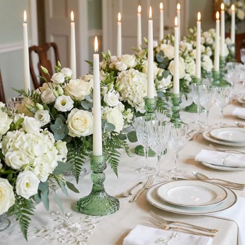 Glass Candle Holder Set of 12, Green Taper Candle Holders Bulk, Vintage Candlestick Holders, Candle Stick Holder for Table Centerpieces, Wedding, Festival & Home Decor - color: Green