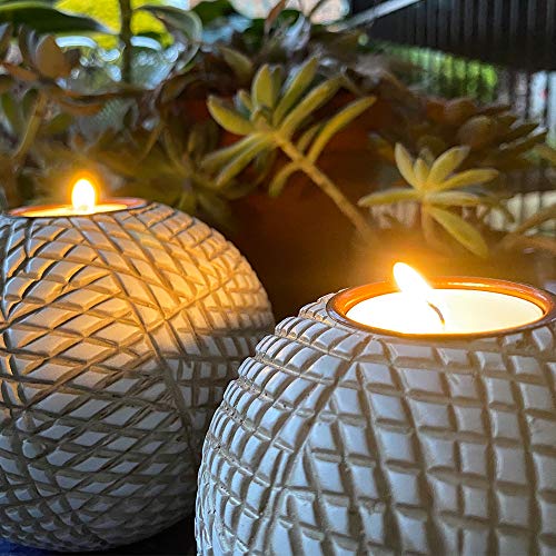 Luca Orb Tea Light Candle Holders (Gift Boxed Set of 2) Grid Pattern, Beige and White - color: Beige and White