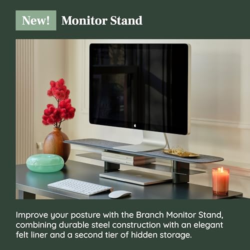 Branch Monitor Stand - Elegant, Durable Powder-Coated Steel Stand with Soft Felt Liner - Small Monitor Riser Second Tier Storage - Installs with a Universal Clamp for Ergonomic Workspace - Charcoal - color: Charcoal, size: Large