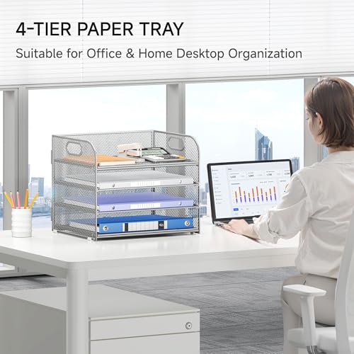 Lavatino 4-Tier Paper Organizer Trays - Silver Mesh File Folder Sorter with Handles, Desk Letter Holder Organizer for Office, Home, School Supplies Storage & Organization - color: 4 Tier - Silver
