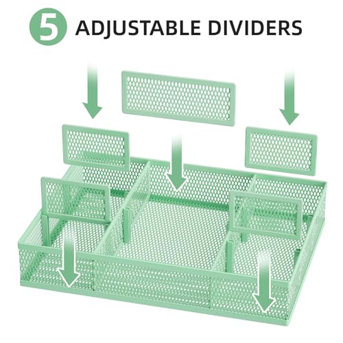 Marbrasse 2 Pack Desk Drawer Organizer, Mesh Drawer Organizer Tray with 8 Adjustable Compartments, Desk Organizers and Accessories, 5 Dividers Drawer for Office Supplies, Makeup & Vanity (Green) - color: Green