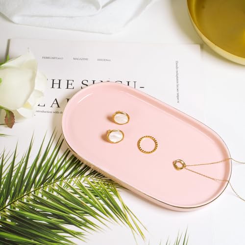 Ceramic Jewelry Dish, Perfume Vanity Tray, 7x4 Decorative Catch All Bowl for Trinket Key Ring, Small Bathroom Counter Tray, Soap Tray for Kitchen Sink (Pink) - color: Pink