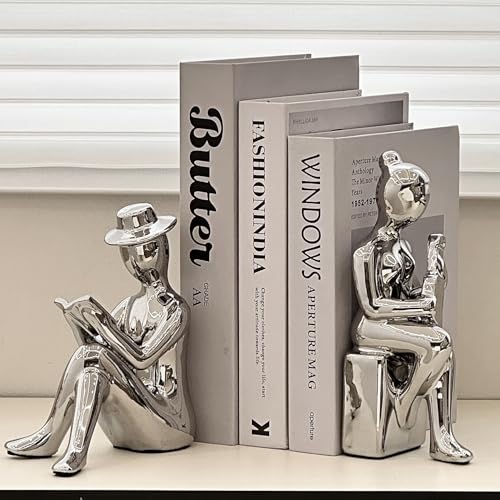 Decorative Book Ends Ceramic Bookends for Shelves, Home Office Decor Aesthetic Statues Book Stopper for Bookshelf Table Bedroom Living Room Decoration (Silver) - color: Silver