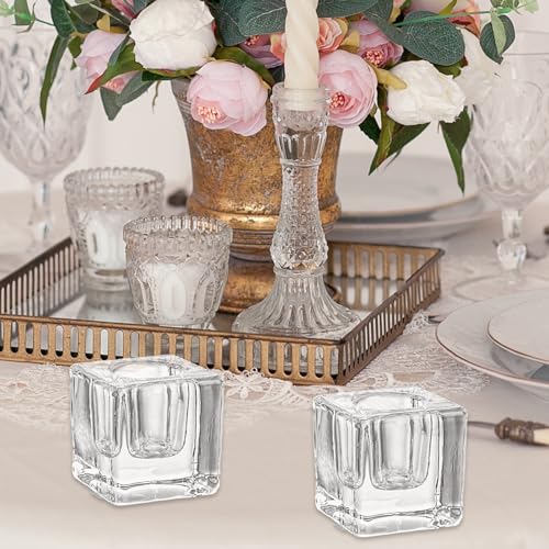18 PCS Square Glass Taper Candle Holder for Candlesticks Holders Glass Candle Holder for Table Centerpiece Crystal Candle Holders Clear Candlestick Holder for Wedding Party