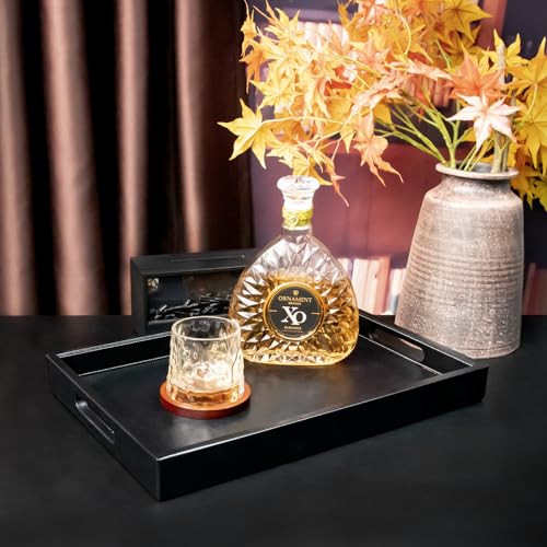 25x18 inches Leather Ottoman Serving Tray with Hole Handles, Rectangle Large Modern Service Tray for Living Room, Coffee Table, Bed, Tea, Food, Butler Countertop, Kitchen, Dinner, Picnic (Black) - color: Black, size: 25" x 18" x 2"