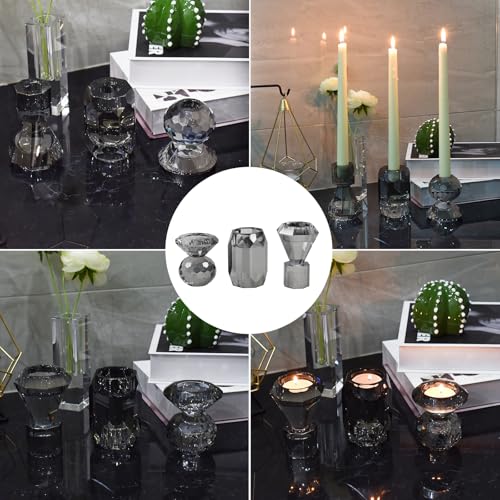 Smoky Grey Crystal Candle Holder, Set of 3 Crystal Clear Candlestick Stand for Pillar Taper Tealight Candle,Party, Wedding and Christmas Candle Holder Decoration - color: Smoky Grey