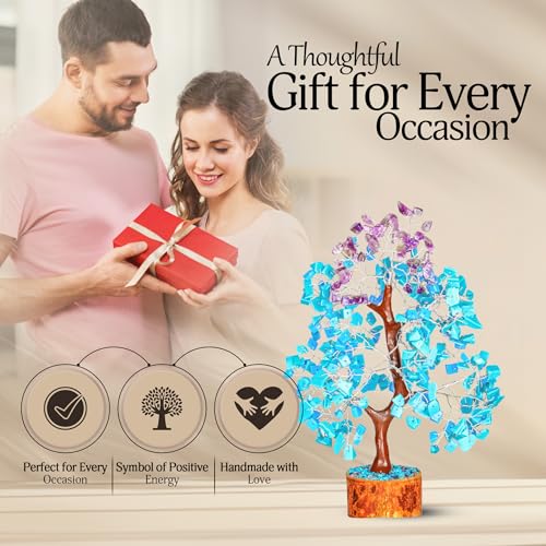 YATSKIA Turquoise and Amethyst Crystal Tree of Life - Gemstones and Crystals - Crystal Decor - Good Luck Gifts - color: Turquoise and Amethyst Silver Wire