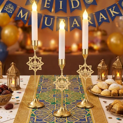 Ceenna 3 Pcs Ramadan Candle Holders, 3 Size Mosque Candlestick Holders, Gold Candle Holder for Eid Mubarak Ramadan Decorations Table Centerpiece Mantel Decor Housewarming Gifts - style: Mosque