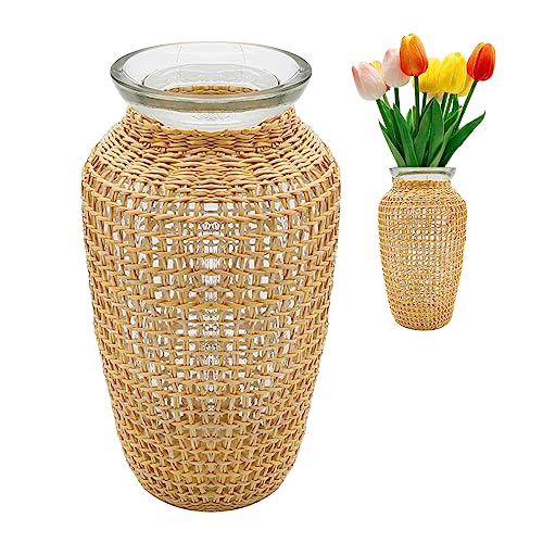 MDEOOSKY Straw Woven Glass Vase 7.9''x2.36''x3.5''Boho Glass Flower Vase Country Rustic Style Vase Glass Vase for Floral Arrangements Bottle Height (A Style 7.9IN) - size: 7.9IN