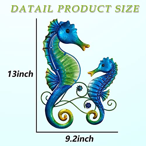 JOYBee Metal Seahorse Family Wall Art Decor-Outdoor Indoor Coastal Hanging Art-Beach Ocean Theme Garden Wall Art Decor for Patio Backyard Yard Fence Pool Bathroom Living Room Wall Decorations - color: Blue Green Seahorse