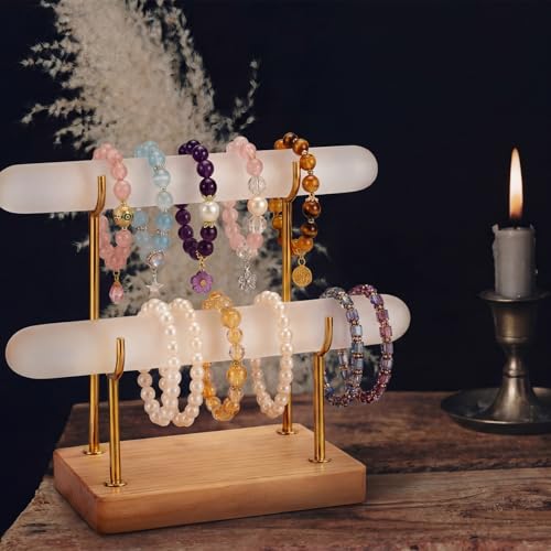 RattanView Selenite Bracelet Holder Display Stand Crystal Healing Goth Bracelet Display Stand Detachable Jewelry Wrap Watch Organizer Holder with Wooden Base for Bangles Charging Clean (2 Tier) - style: 2 Tier