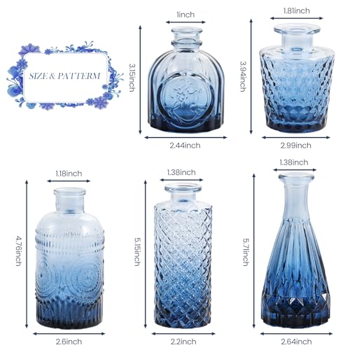 UPBUD Navy Blue Glass Bud Vases Set of 5, Mini Flower Vase for Centerpieces, Small Clear Vases in Bulk for Wedding Decorations, Vintage Vase for Table, Graduation, Home Décor - color: Standard-blue, size: 5pcs