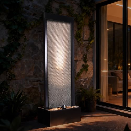 Jocoevol Mesh Panel Waterfall Fountain, Large Indoor Water Feature with Stones & Light, 64" Floor Standing Water Wall for Home Decor, Living Room, Patio, Outdoor Garden - style: Mesh Panel