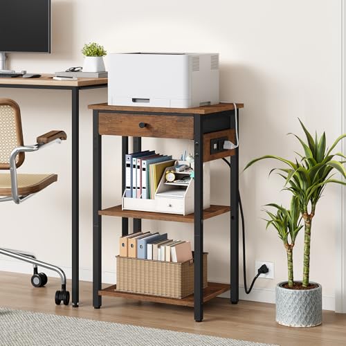 Gewudraw Printer Stand with Charging Station, 3-Tier Under Desk Printer Table, End Table with Storage Shelves for Home Office, Living Room,Bedroom,Bathroom,Brown - color: Rustic Brown, size: 3 layer & CS