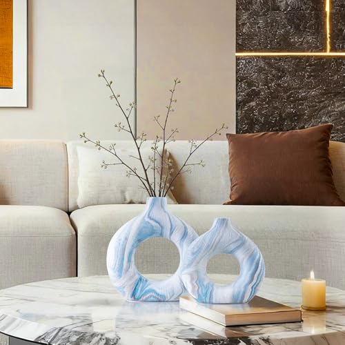 Blue Vases Set of 2, Ceramic Donut Vase for Home Decor, Hollow Modern Boho Centerpiece for Table Shelf Mantel, Unique Blue and White Ring Vases for Pampas Grass or Fresh Flowers - color: Blue Ocean