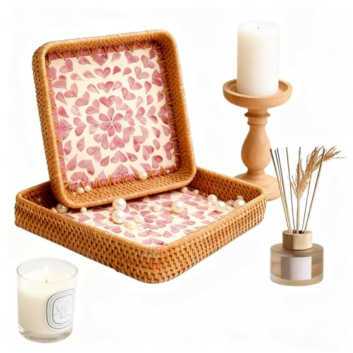 1 pcs Rectangle Rattan Serving Tray with Mother of Pearl Inlay, Decorative Wicker Tray for Coffee, Bread, Fruits, Elegant Table Decor for Living Room & Dining Room - color: Purple-purple Petal